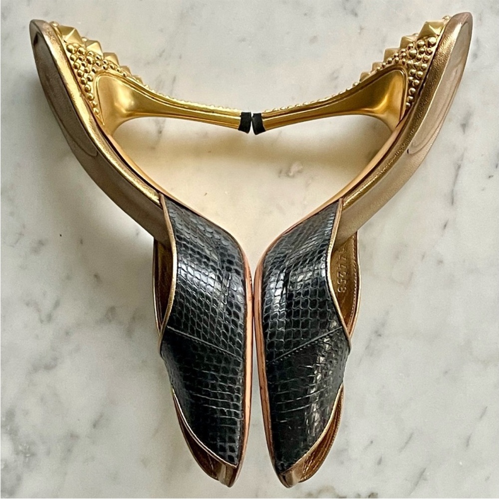 Gucci Rare Tom Ford Runway snakeskin slides, reptilian heel, blk & gold, 7 - Picture 8 of 17